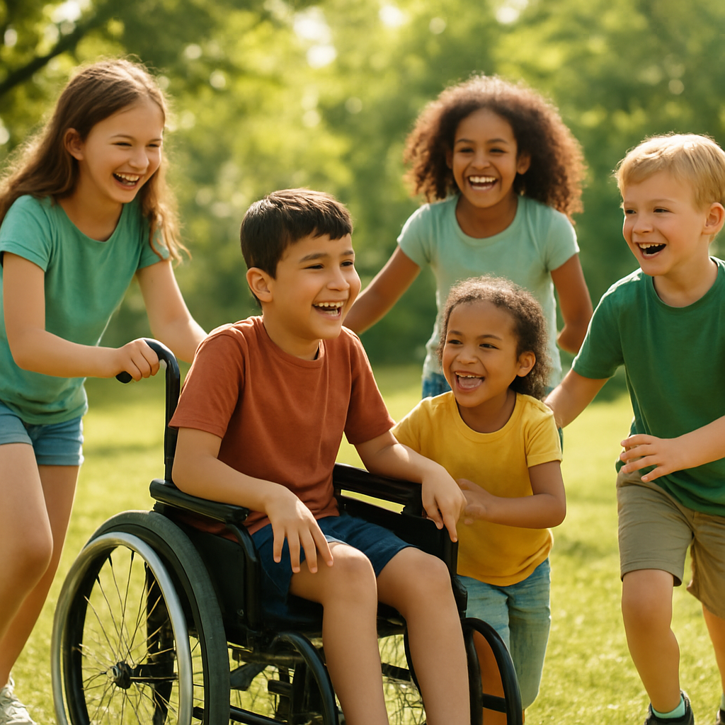 A diverse, inclusive group of happy children playing together outdoors
