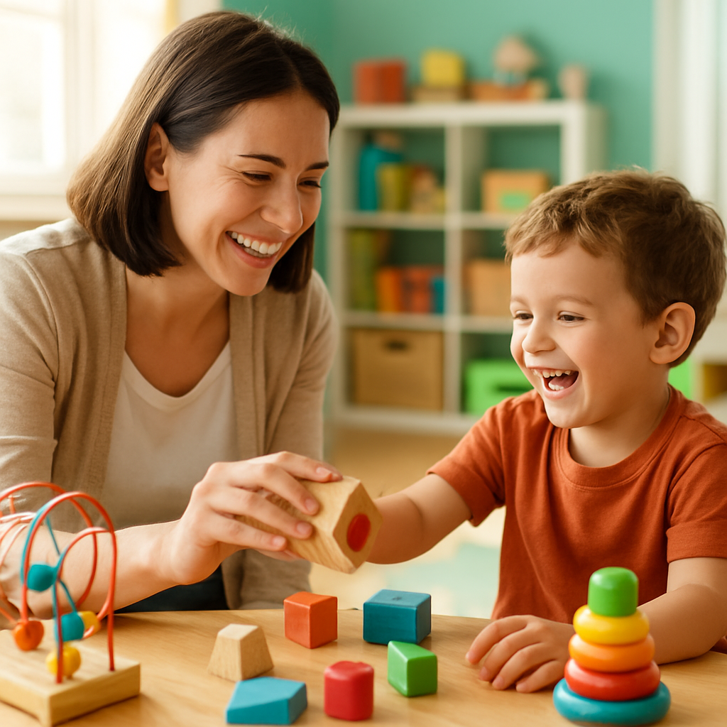 A children's therapist playing and learning with a happy young child